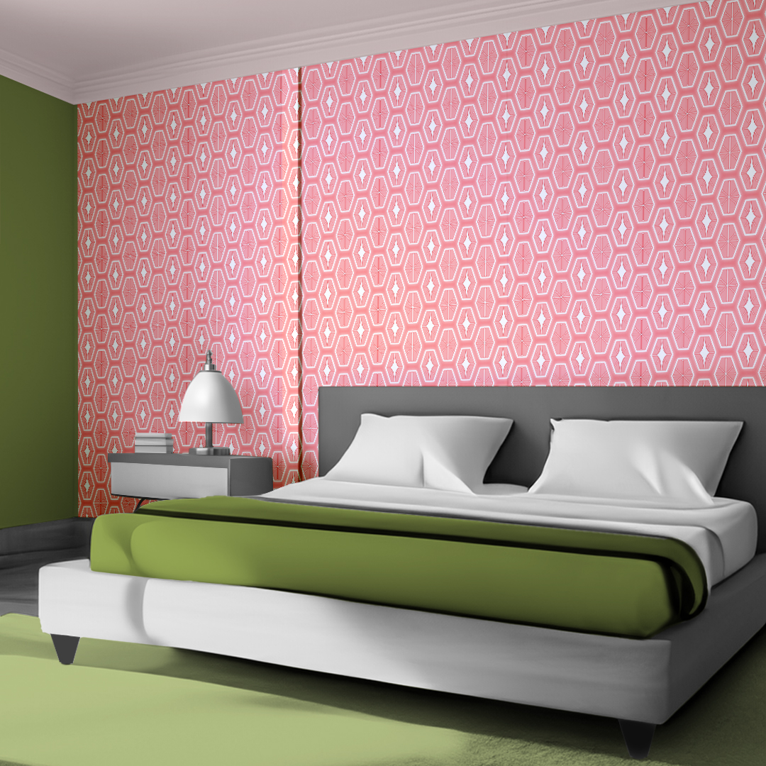 An abstract composition featuring irregular, rounded shapes in vibrant colors. The main colors include bright green, lime green, turquoise, and dark blue, all separated by white, jagged outlines. The shapes overlap and intersect dynamically, forming an energetic and playful pattern. The overall texture has a fabric-like appearance with subtle horizontal and vertical lines running through the colors.